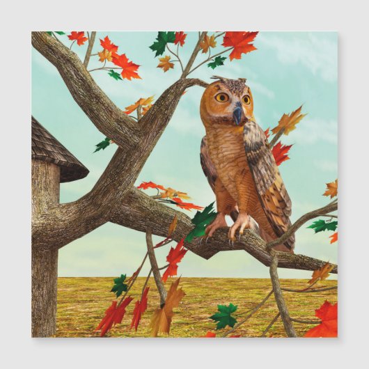 紅葉の梢に止まるフクロウの秋の野生動物アート (正面)