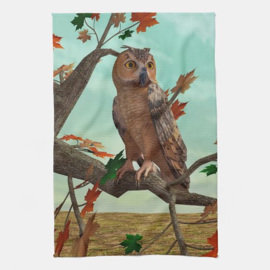 紅葉の梢に止まるフクロウの秋の野生動物アート キッチンタオル (縦)