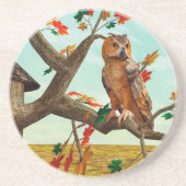 紅葉の梢に止まるフクロウの秋の野生動物アート コースター (正面)