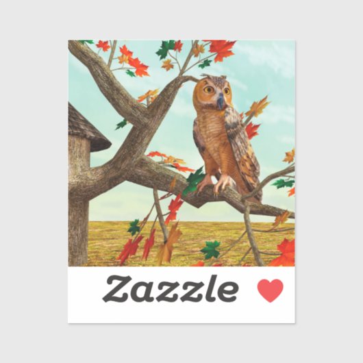紅葉の梢に止まるフクロウの秋の野生動物アート シール (シート)