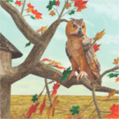 紅葉の梢に止まるフクロウの秋の野生動物アート シール (正面)