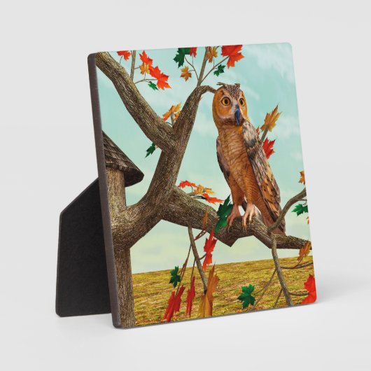 紅葉の梢に止まるフクロウの秋の野生動物アート フォトプラーク (正面)