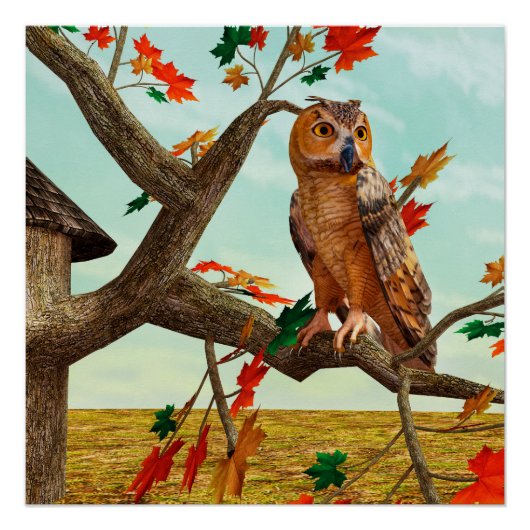 紅葉の梢に止まるフクロウの秋の野生動物アート ポスター (正面)