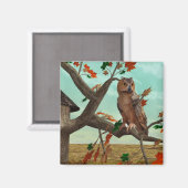 紅葉の梢に止まるフクロウの秋の野生動物アート マグネット (正面/裏面)
