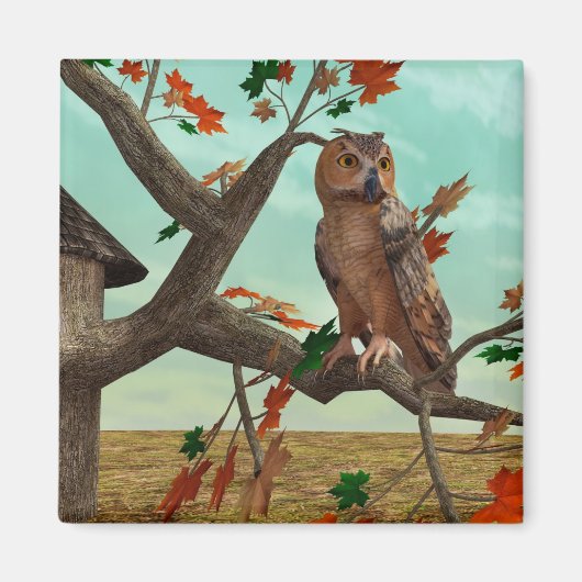 紅葉の梢に止まるフクロウの秋の野生動物アート マグネット (正面)