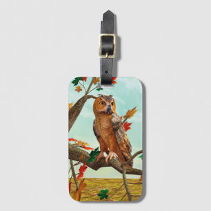 紅葉の梢に止まるフクロウの秋の野生動物アート ラゲッジタグ