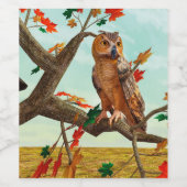 紅葉の梢に止まるフクロウの秋の野生動物アート ワインラベル (シングルラベル)