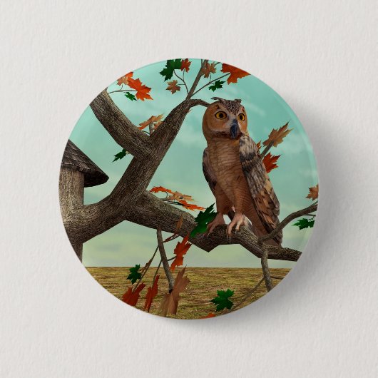 紅葉の梢に止まるフクロウの秋の野生動物アート 缶バッジ (正面)