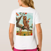 紅葉の梢に止まるフクロウの秋の野生動物アート Tシャツ (裏面)