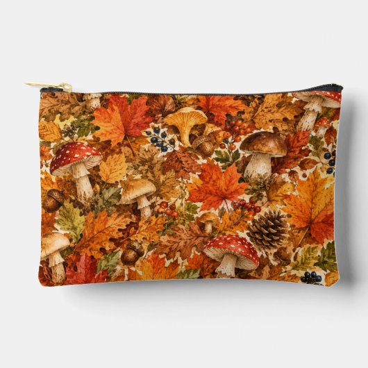 紅葉の森のキノコ模様 | あたたかな秋の葉 アクセサリーポーチ (正面)