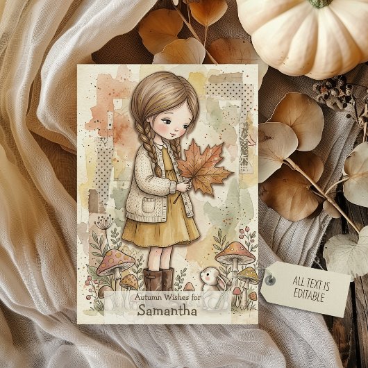 紅葉の森の少女 秋の願い カード