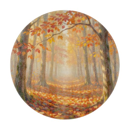 紅葉の森の道の絵画的な風景アート カッティングボード (正面)