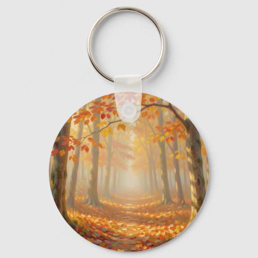 紅葉の森の道の絵画的な風景アート キーホルダー (正面)