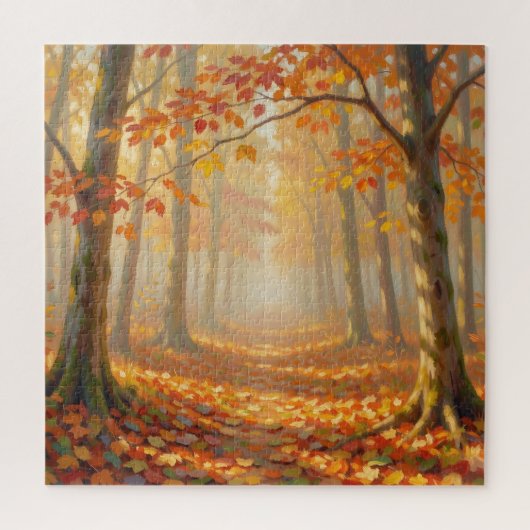 紅葉の森の道の絵画的な風景アート ジグソーパズル (縦)