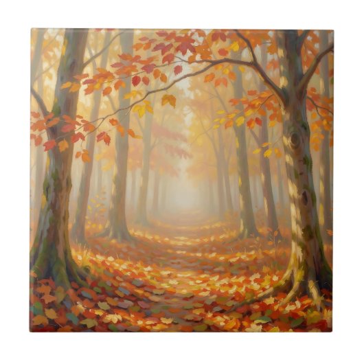 紅葉の森の道の絵画的な風景アート タイル (正面)