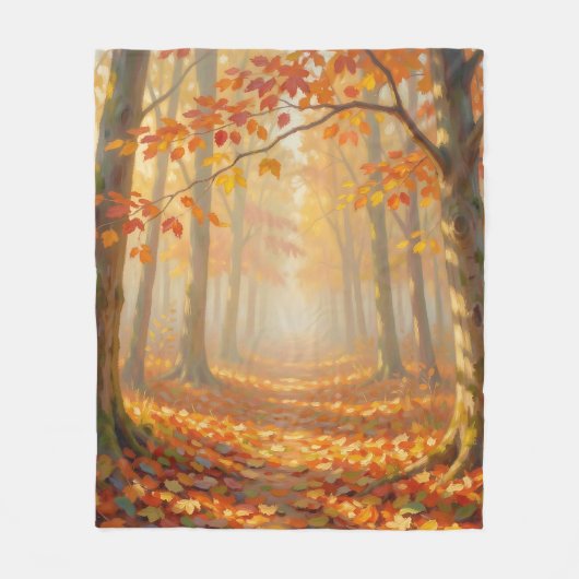 紅葉の森の道の絵画的な風景アート フリースブランケット (正面)