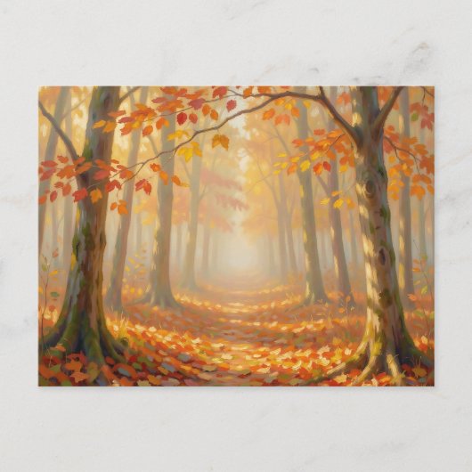 紅葉の森の道の絵画的な風景アート ポストカード (正面)