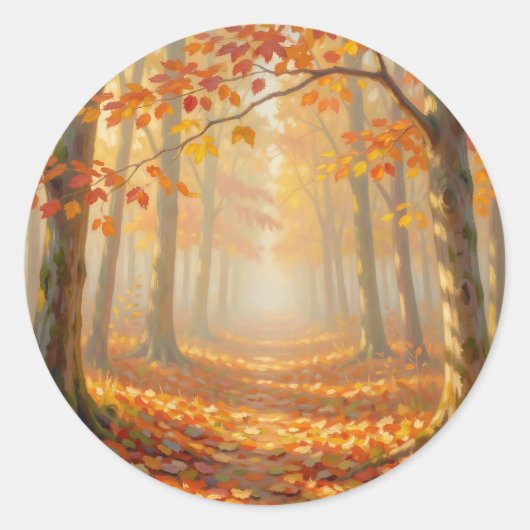 紅葉の森の道の絵画的な風景アート ラウンドシール (正面)