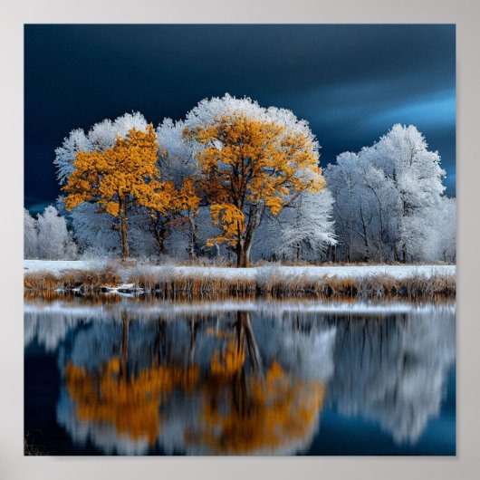 🍂 紅葉の森の雪の湖 冬への移り変わり ポスター (正面)
