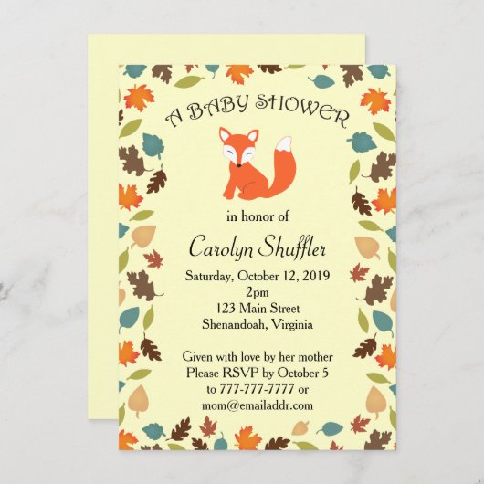 紅葉の森林キツネのベビーシャワー 招待状 (正面/裏面)