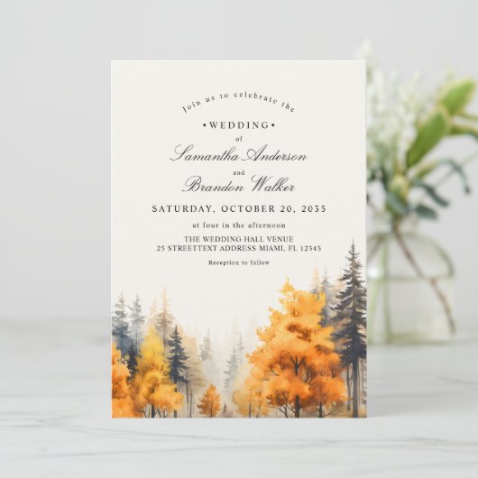紅葉の森、松の木の写真付き結婚式招待状 セーブザデート (スタンド正面)