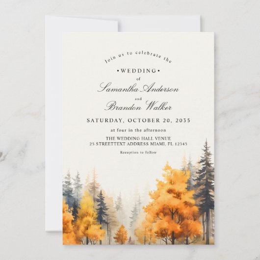 紅葉の森、松の木の写真 ウェディング 招待状 (正面)