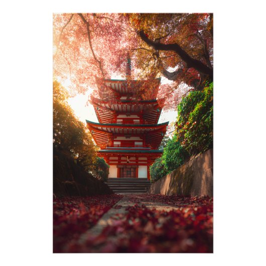 紅葉の楓に包まれた宝塔と階段の光景 フォトプリント (正面)