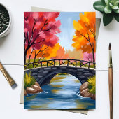 紅葉の橋 秋の自然 水彩カード