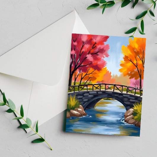 紅葉の橋 秋の自然 水彩カード