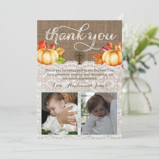 紅葉の洗礼は男の子の女の子の双生児のために感謝していしています サンキューカード (スタンド正面)