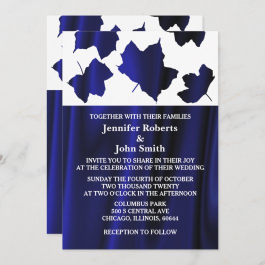 紅葉の深く青いサテン白のユニークな結婚式 招待状 (正面/裏面)