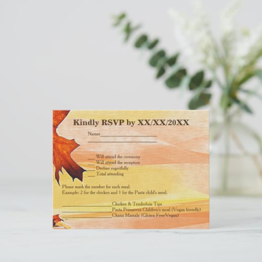 紅葉の渦巻色RSVPおよびメニュー郵便はがき インビテーションポストカード (スタンド正面)