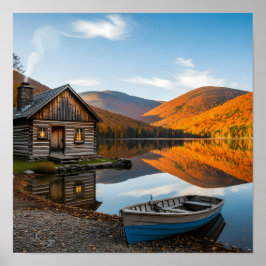 紅葉の湖に佇むログキャビンの癒しの風景 ポスター
