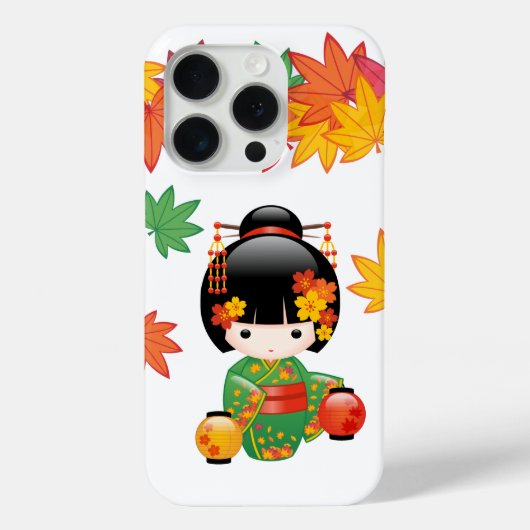 紅葉の緑の着物のこけし人形 Case-Mate iPhoneケース (裏面)