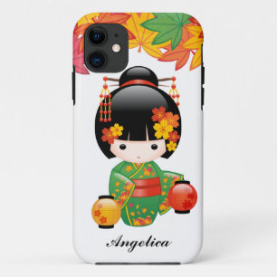 紅葉の緑の着物のこけし人形 iPhone 11 ケース