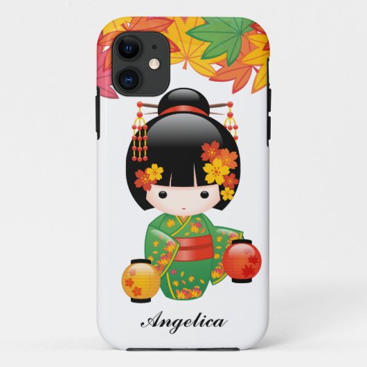 紅葉の緑の着物のこけし人形 Case-Mate iPhoneケース (裏面)