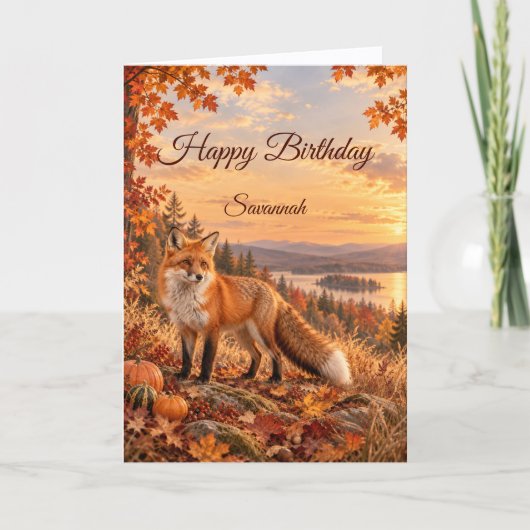 紅葉の赤狐の収穫林の誕生日 カード (正面)