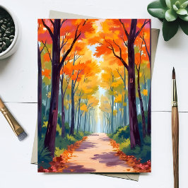 紅葉の道 秋の葉の絵画 ポストカード