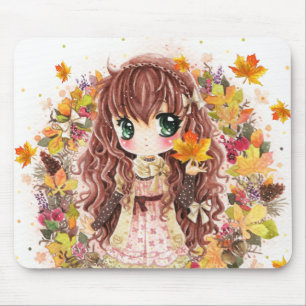 紅葉を持つかわいい日本製アニメの女の子 マウスパッド