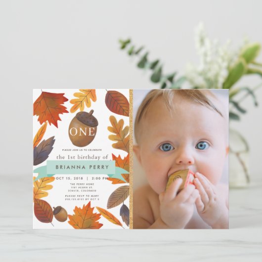 紅葉アコーンウォーター色写真1st誕生日 招待状 (スタンド正面)