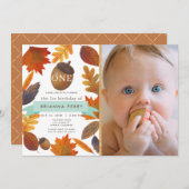 紅葉アコーンウォーター色写真1st誕生日 招待状 (正面/裏面)