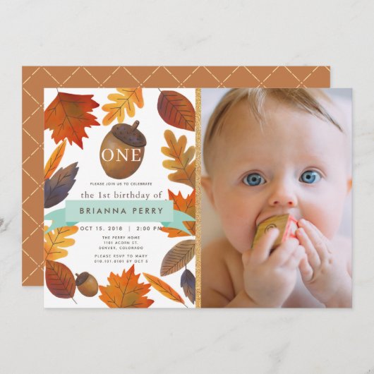 紅葉アコーンウォーター色写真1st誕生日 招待状 (正面/裏面)