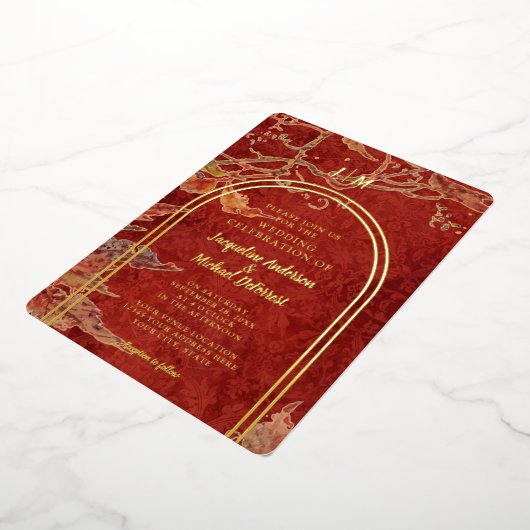 紅葉エレガントレッドゴールドフォイルモダンアーチ 箔招待状 (回転した状態)