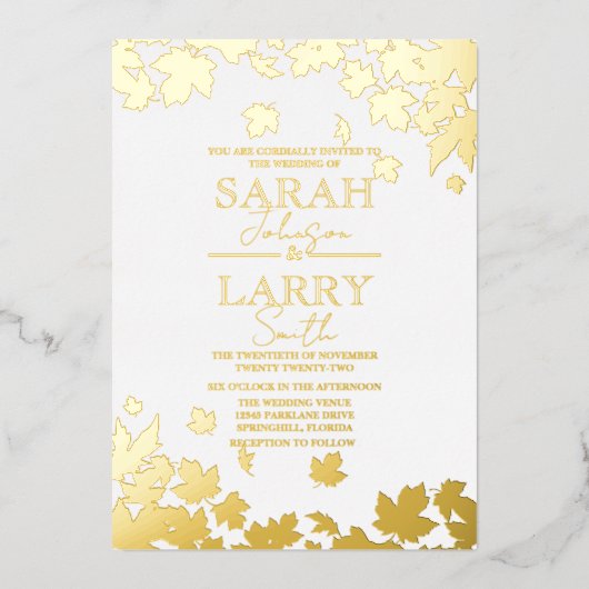 紅葉エレガント伝統的結婚金ゴールド 箔招待状 (正面)