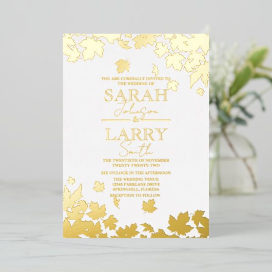 紅葉エレガント伝統的結婚金ゴールド 箔招待状 (立ち正面)