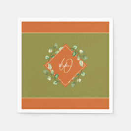 紅葉オレンジとグリーンモノグラムの紙 スタンダードカクテルナプキン