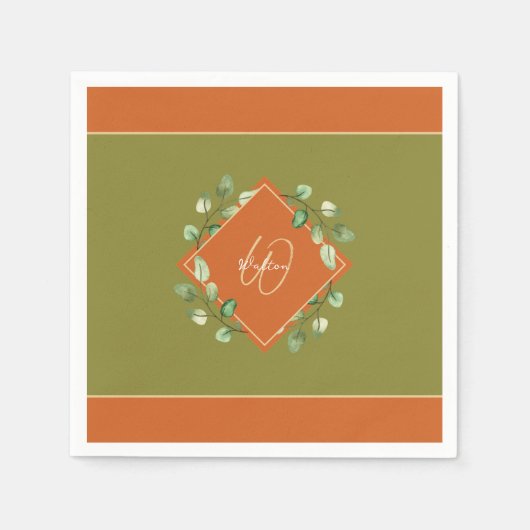 紅葉オレンジとグリーンモノグラムの紙 スタンダードカクテルナプキン (正面)