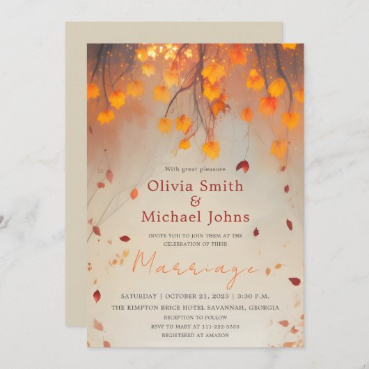 紅葉オレンジウォーターカラー秋の結婚式 招待状 (正面/裏面)