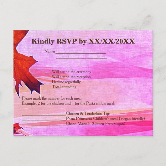 紅葉オレンジ渦巻きピンクRSVPメニューポストカード インビテーションポストカード (正面)