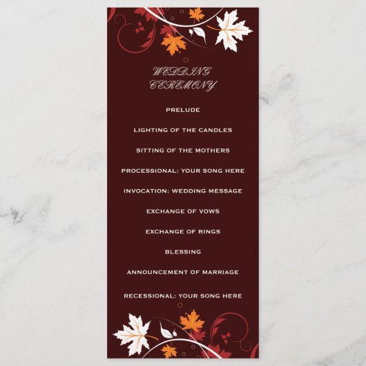 紅葉オレンジ赤の白い結婚式プログラム プログラム (裏面)